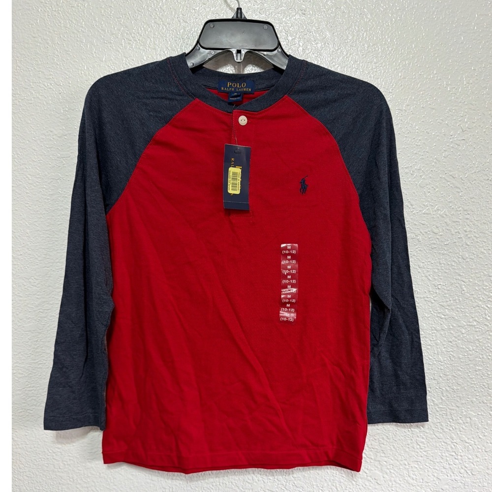 Polo Ralph Lauren Boys Red Navy Raglan Long Sleeve Henley Shirt Size M 10-12